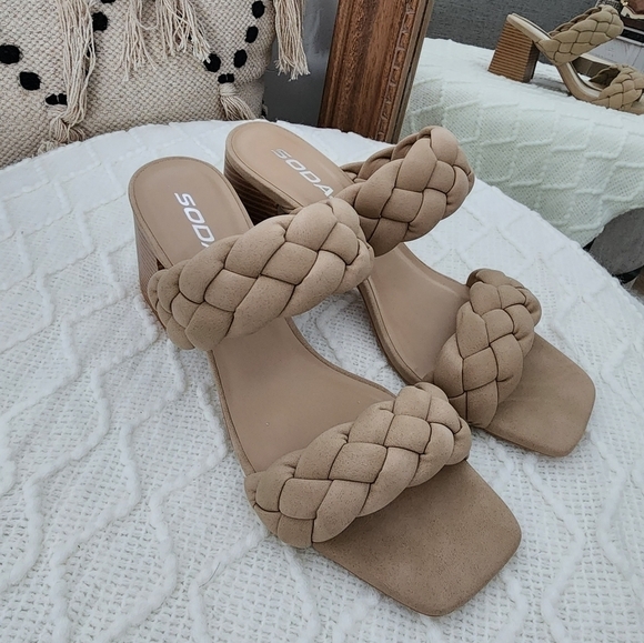 Soda Puffy Buggy Braided Sandal. 3" heel. Vegan leather and faux suede braided s - Picture 1 of 6